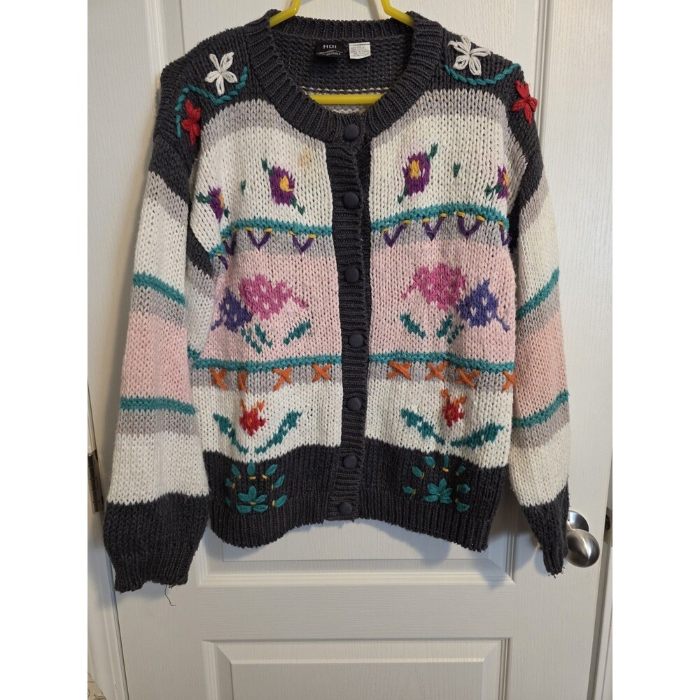 Vintage HDI Designer Originals floral cardigan Chunky-Knit Cottage-Core sz M